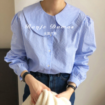 French rouge damas early autumn Dont make dolls collar single row Buttons Easy 100 Lap Bubble Sleeves Striped Shirt Woman