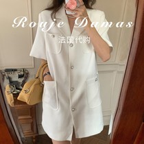 France Rouje Damas Summer Suit Collar Multi Pocket Design Single Row Pearl Buckle Loose Short Sleeve Dress Woman