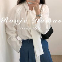 France Rouje Damas early autumn Niche Temperament Design Sensation Neckline Laces Loose Pure Color Long Sleeve Shirt Woman