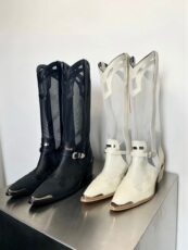 Западные Boots 韩版时尚透视尖头长筒靴2024夏季新款百搭粗跟网靴复古西部牛仔靴