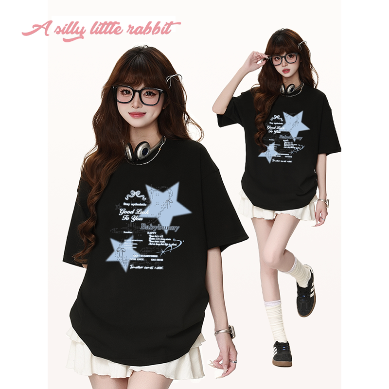 A Little Silly Rabbit American Retro Star Print Pure Cotton Short-Sleeve T-Shirt for Women, Summer Loose and Versatile Niche Top A Little Silly Rabbit American Retro Star Print Pure Cotton Short-Sleeve T-Shirt for Women, Summer Loose and Versatile Niche Top