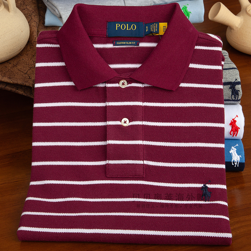 American Ralph Paul High-End Men's Striped Short-Sleeve T-Shirt, High-Quality American Version Solid Color Pure Cotton Men's Polo Shirt