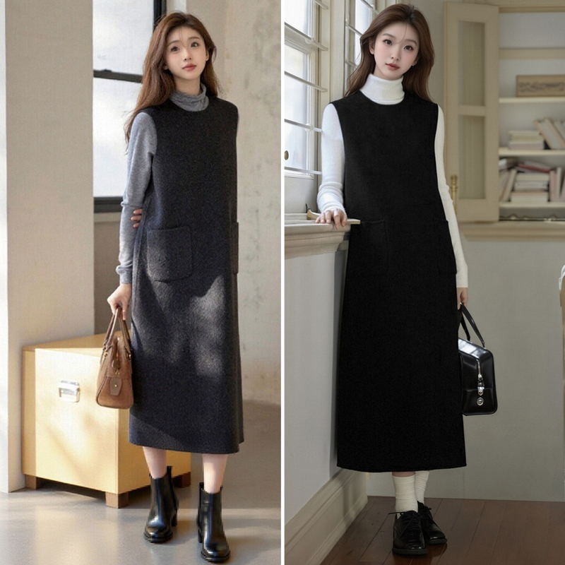 2026 Autumn and Winter Korean Style Sleeveless Vest Dress for Tall Women, Mid-Length Slimming Commuter Dress with Pockets 2026 Autumn and Winter Korean Style Sleeveless Vest Dress for Tall Women, Mid-Length Slimming Commuter Dress with Pockets