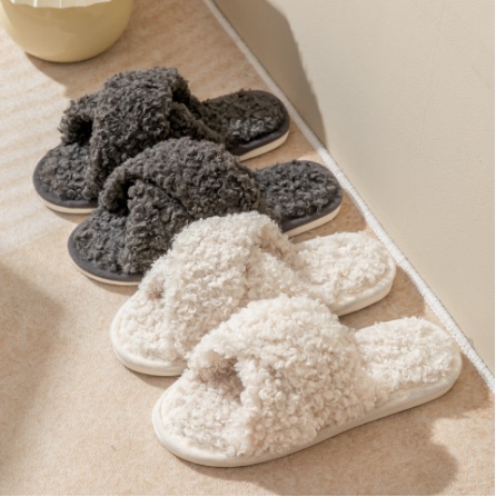 Cross-Border Amazon ins European and American Style Furry Cross-Strap Cotton Slippers for Women, Comfortable and Skin-Friendly Plush Slippers for Women