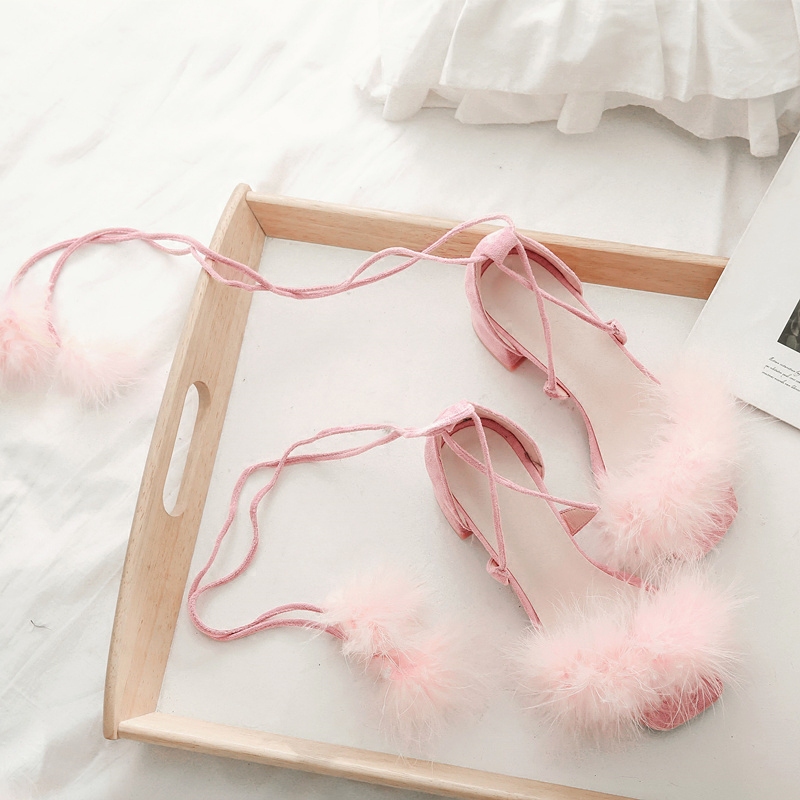 Roman-Style Cross-Strap Ostrich Feather Sandals for Women, Chunky Heel, Fairy Style, High Heel, Elegant, New Summer Model, Mid-Heel Roman-Style Cross-Strap Ostrich Feather Sandals for Women, Chunky Heel, Fairy Style, High Heel, Elegant, New Summer Model, Mid-Heel