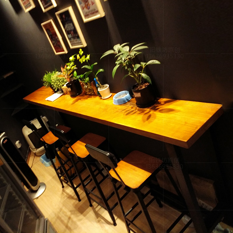 Solid Wood High Foot Table Iron Art Long Dining Table And Chairs Combined Bar Coffee Hall Table Milk Tea Shop American Retro Bar Table