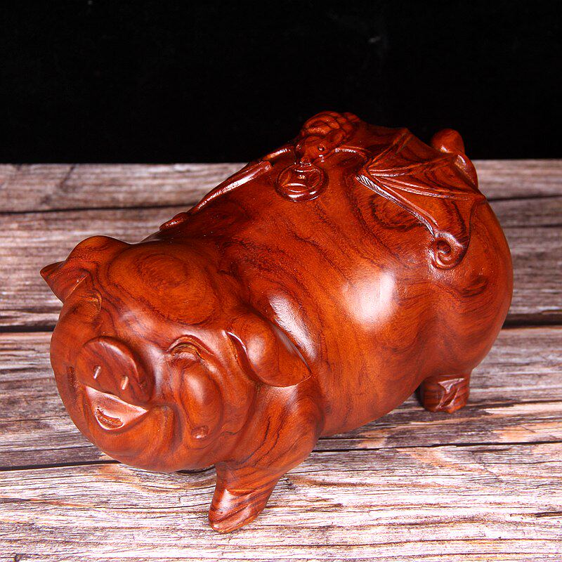 Dongyang wood carved solid wood mahogany to make money twelve zodiac wooden pig Fu pig bat pig husband and wife pig piece
