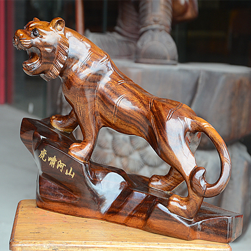 Dongyang wood carving on mountain Tiger ornaments Solid Wood Wood Green Lucky Tiger twelve Zodiac mahogany crafts home