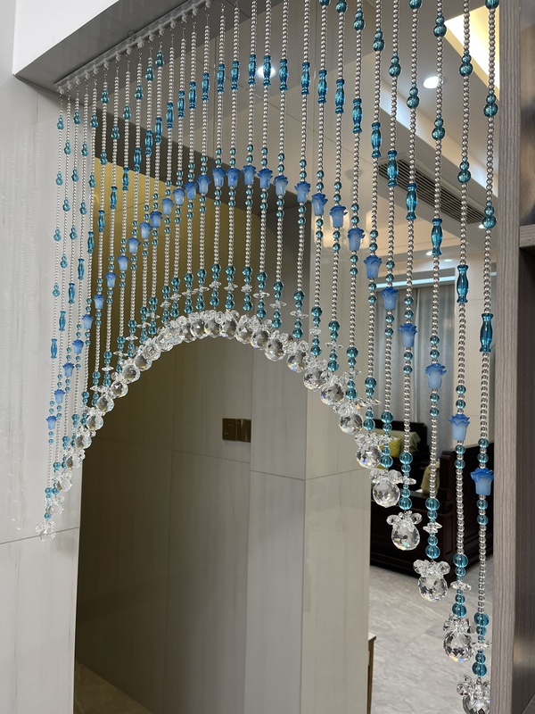 No-Drill Trendy Partition Curtain Crystal Bead Curtain Door Curtain Entryway Hallway Lake Blue