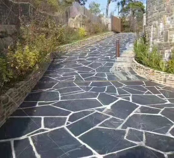 Natural rust black irregular fragmented chaotic garden courtyard square bluestone floor tile pool landscaping shale