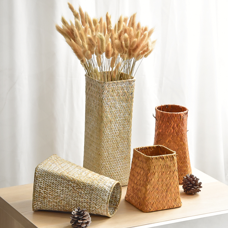 Japanese bamboo woven vase dried flower weaving flower basket Nordic straw weaving living room flower arrangement vine weaving flower bucket handmade rattan basket