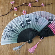 China Wind Sichuan Specialty Classical Panda Folding Fan Female Printing Process Flow Su Silk Fan Send Old Outer Small Gifts 6 Inches