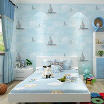 Childrens room non-woven wallpaper blue pattern sailing lighthouse boy environmental protection cute sailing wallpaper formaldehyde-free brush glue