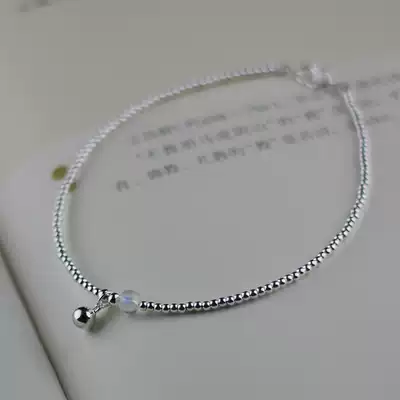 Simple handmade 2mm silver bead anklet female sterling silver anklet female bell ancient style with sound hypoallergenic moonstone