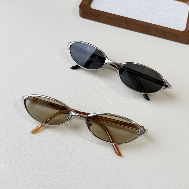 Wang Hedi's Same Style High-End Old Money Metal Tea-Colored Polarized Sunglasses for Men and Women, Oval Narrow Frame Uv Protection Sunglasses