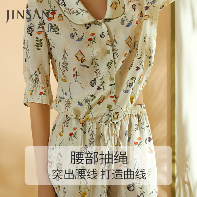 Jinsanta 100% Mulberry Silk ຄົນອັບເດດ: ແມ່ຍິງພິມ Loose ເຄື່ອງນຸ່ງຫົ່ມແຂນສັ້ນແລະ Trouser ກວມເອົາເຄື່ອງນຸ່ງຫົ່ມເຮືອນ 23 ປີສິນຄ້າໃຫມ່