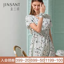 Jin Santa French Tea House 19 m heavy mulberry silk print nightgown women short sleeve round neck silk pajamas female summer