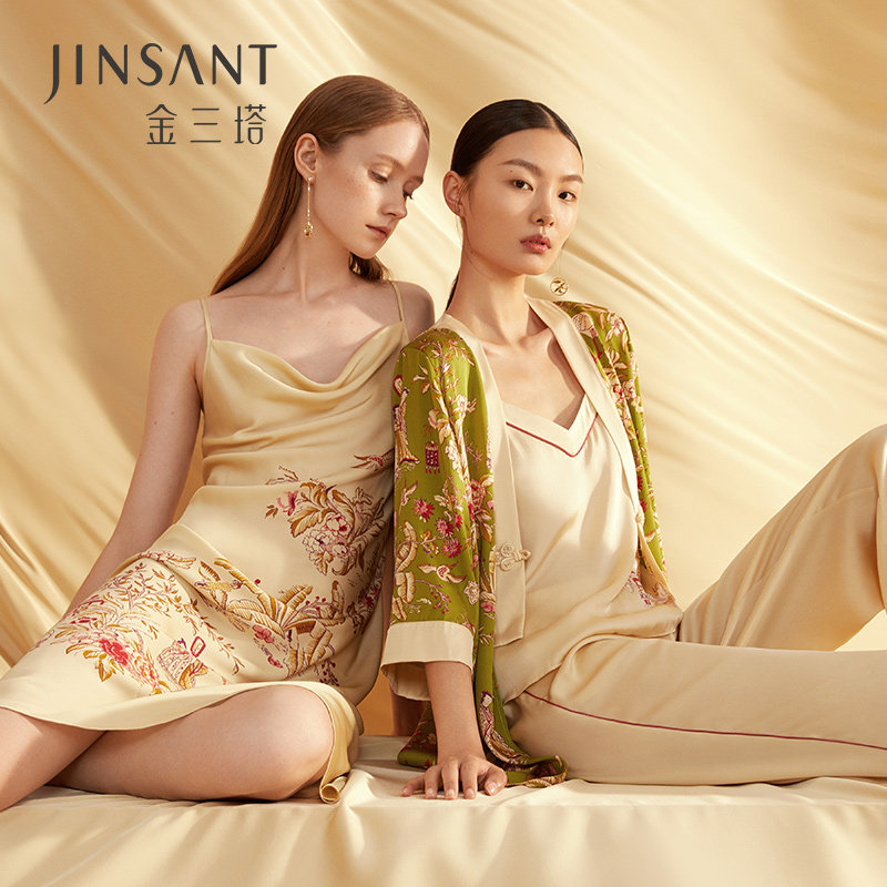Jinsanta heavy 19 mmi mulberry silk stretch satin Chinese elegant printed nightgown women's mid-sleeve pajamas