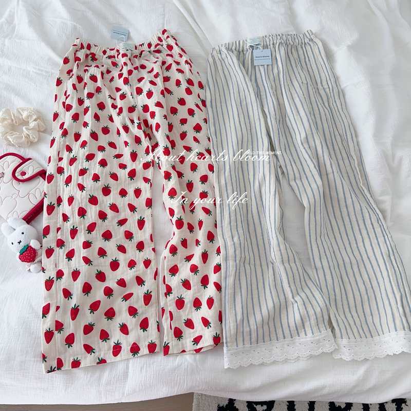 Korean Imported Cotton Yarn ins Style LAOSHU Strawberry Korean-Style Pajama Pants, Home Pants That Can Be Worn Outside, Versatile Strawberry Pajama Pants