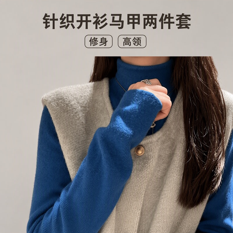 Korean-Style Autumn High-Neck Slim-Fit Blue Knitted Cardigan and Vest Two-Piece Set for Women, Suitable for Layering in Autumn and Winter