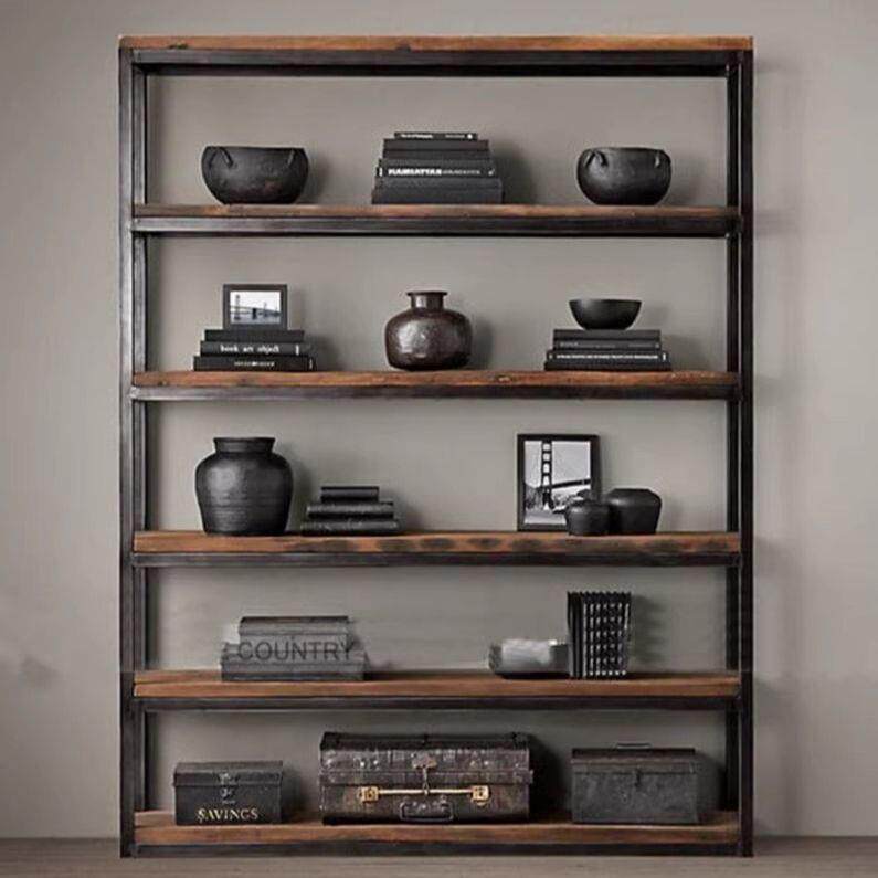 Retro industrial style storage rack kitchen iron solid wood retro bookshelf floor-standing bookcase display rack Nordic multi-layer rack