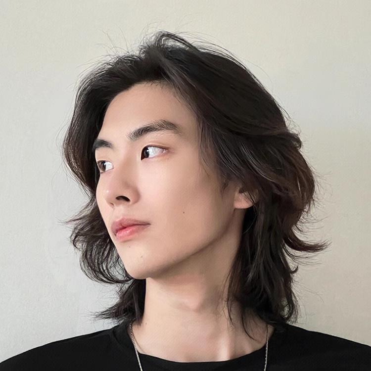 Baifu Men's Natural Black Wig Long Straight Hair with Layered Wolf Tail Style for Performance Stage, Naturally Voluminous