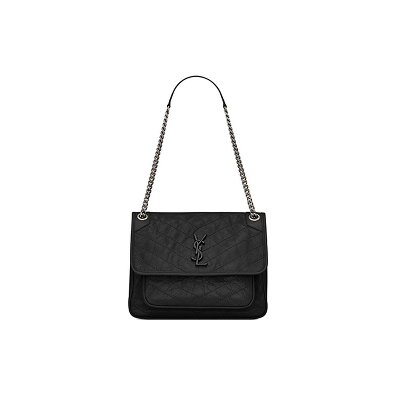 9.9 New Ysl/Saint Laurent Ysl Niki Silver Chain Black Label Logo Vintage Pleated Calfskin Shoulder Crossbody Bag
