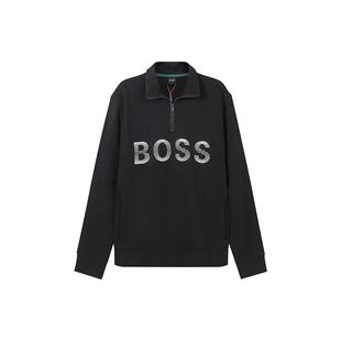 BOSS 男款 FW22 卫衣 黑色 Logo印花半拉链长袖 HUGO