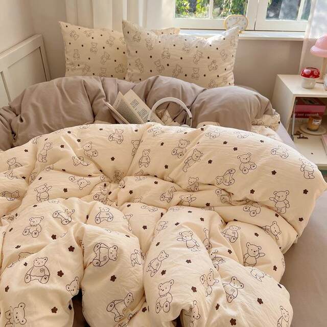 Class a Pure Cotton Four-Piece Bedding Set for Sleeping Naked, Fully Washed Cotton Fitted Sheet Style, Ins-Style Fresh Bed Sheet and Duvet Cover, Dormitory Three-Piece Set