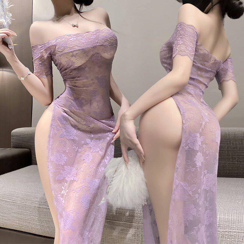 Sexy Lingerie Purple Lace Cheongsam Sexy One-Shoulder High-Slit Revealing Hip See-Through Dress Pure Desire Jk Uniform for Women