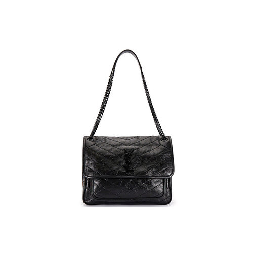 9.9/9.5新圣罗兰YSL Niki 黑链黑标Logo复古褶皱 牛皮革单肩包