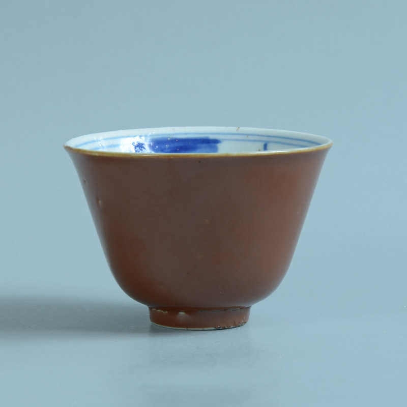 清光緒時代 紫金釉青花草虫文杯 压手杯 茶道具　茶杯 盃 煎茶碗(F-74) 清光緒時代 紫金釉青花草虫文杯 压手杯 茶道具 茶杯 盃 煎茶