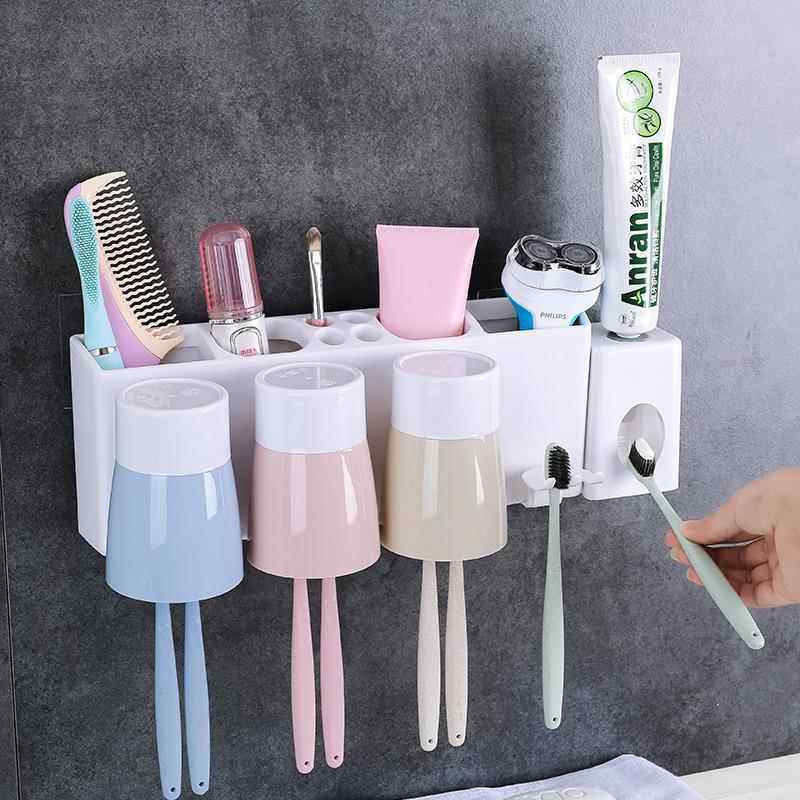 Powerful Adhesive Wall-Mounted Toothbrush Holder, No-Drill, 2/3/4 Slots, Toothbrush Cup Storage Rack, Bathroom Traceless Toothbrush Cup Holder Set