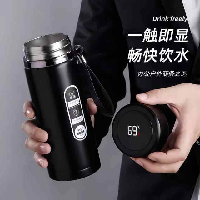 German Insulated Cup with Temperature Display, 304 Stainless Steel Inner Tank, Large Capacity, Smart Portable Water Cup with Carrying Ring