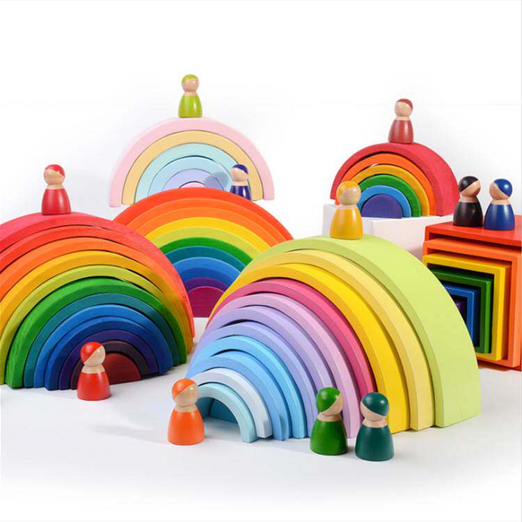 Children Solid Wood Rainbow Building Blocks 12 Color Vaulted Building Blocks Kindergarten Early Education Fold High 3-10 Year Toys