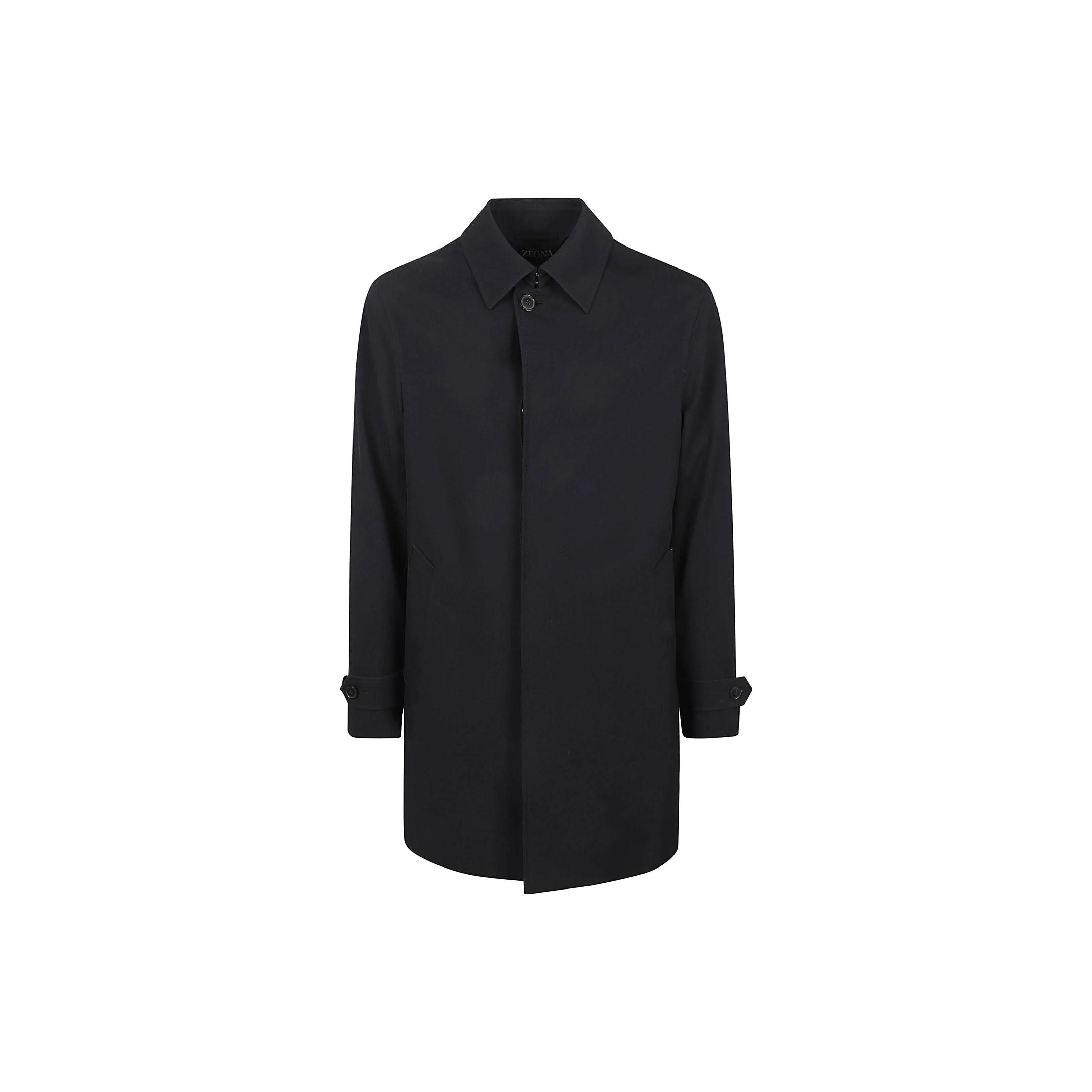 Zegna 纯色翻领一粒扣中长款长袖大衣 男款 海军蓝色