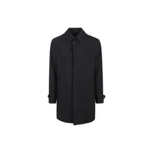 男款 Zegna 大衣 长袖 海军蓝色 纯色翻领一粒扣中长款