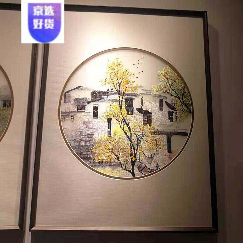 New Chinese style Su embroidery finished product hanging painting Construction Little Town Scenic Triple Living room Book room Hanging Painting Embroidery Decorative painting