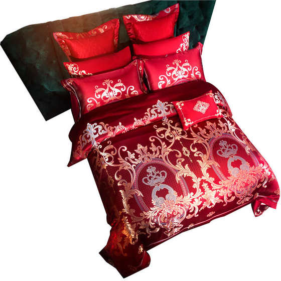 床上用品四件套高档欧式婚庆贡缎提花大红色喜庆被套结婚多件套
