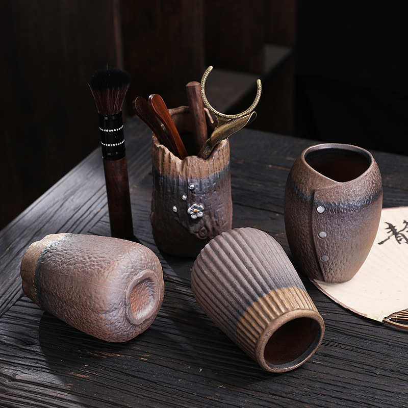 Free shipping gilded iron glaze tea ceremony Six Gentlemen tea cylinder storage jar ceramic jar Kung Fu tea set accessories tea clip tea needle knife
