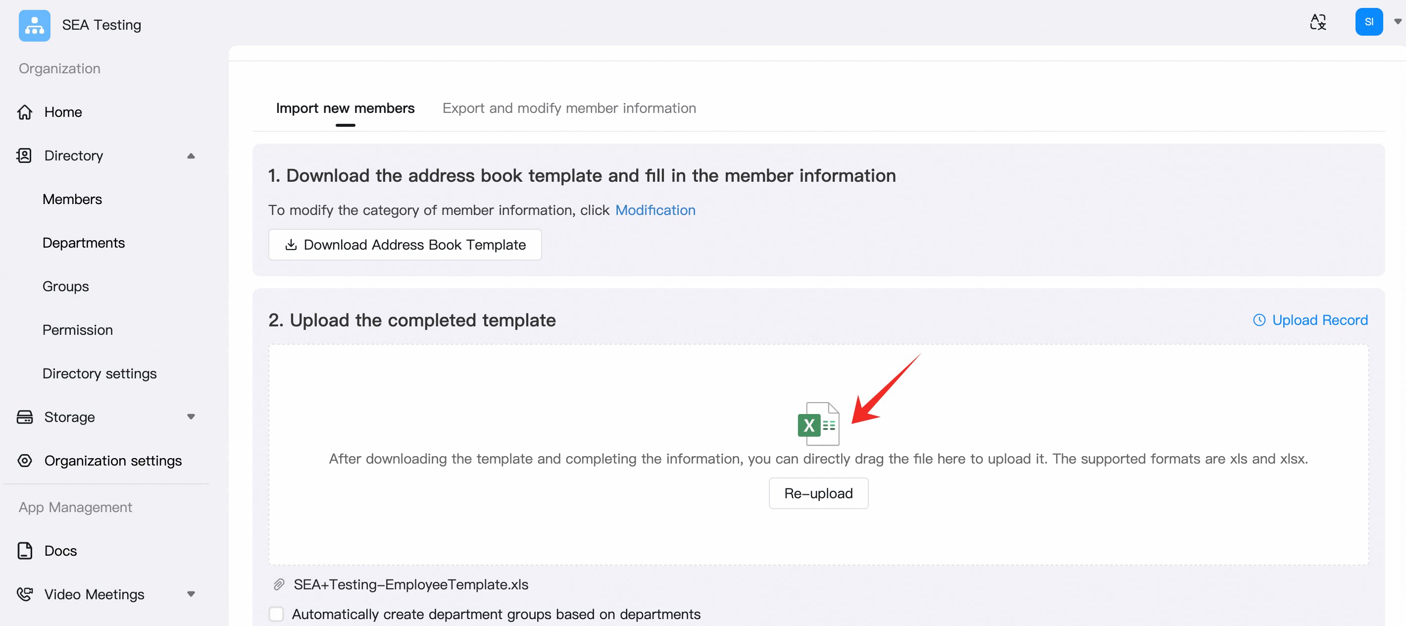 Upload the Excel file and import