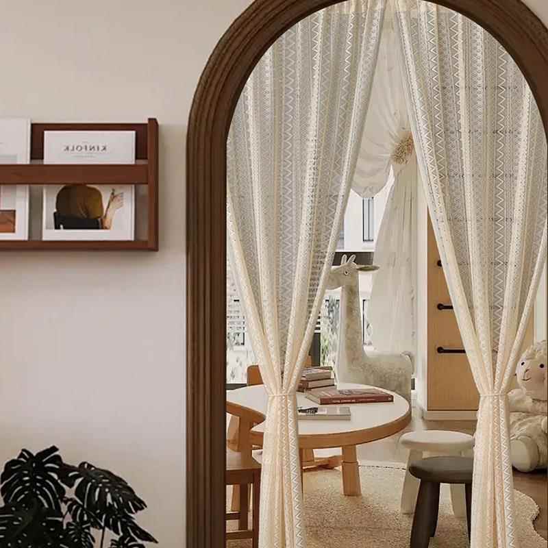 New Bohemian Style Door Curtain with Lace Embroidery, No-Drill Cream Vintage High-End Partition Curtain