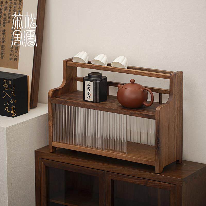 Walnut tea set storage cabinet tea room storage rack tea cup drain dustproof household sliding glass cover solid wood cabinet