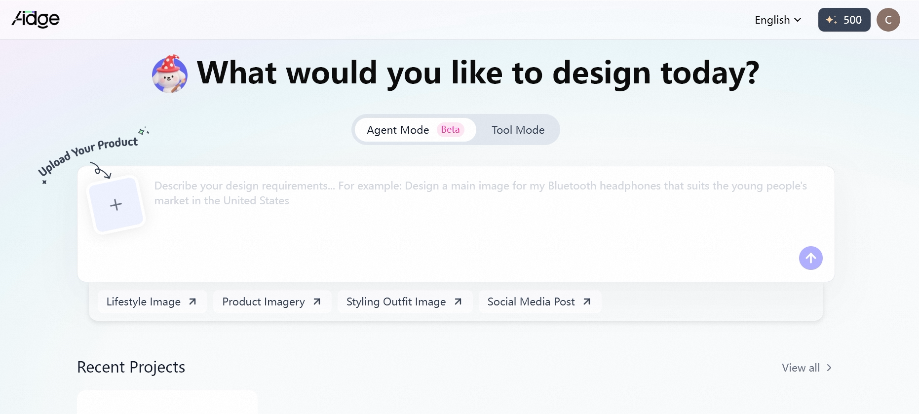 The Aidge AI-powered design interface for generating e-commerce product imagery and marketing content via simple prompts.