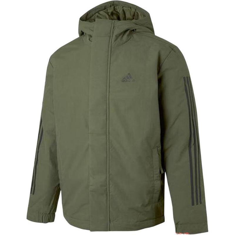 adidas 运动生活系列 条纹设计连帽舒适时尚棉服 男款 军绿色
