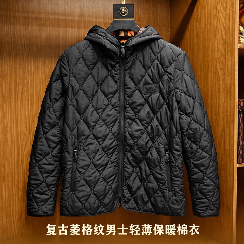 Retro Quilted Pattern Men's Cotton Jacket with Hood, Lightweight and Warm, Simple and Thin, Zipper Placket, Pocket Cotton Jacket Retro Quilted Pattern Men's Cotton Jacket with Hood, Lightweight and Warm, Simple and Thin, Zipper Placket, Pocket Cotton Jacket