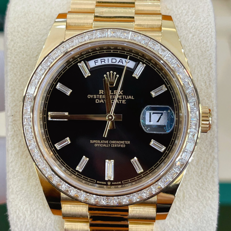 9.5 New Rolex Dd Day-Date M228398Tbr Gold Automatic Mechanical Watch for Men with t Diamonds on the Outer Ring