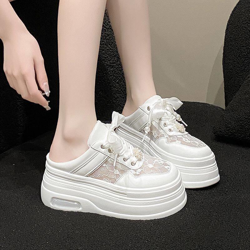2026 Summer New Lace Mesh Half-Slip White Shoes for Women, Thick-Soled Breathable Slip-On Closed-Toe Sandals for Women