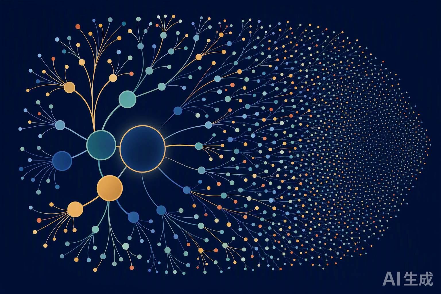 Diversification: many small nodes spreading outward from a few large central nodes