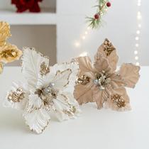 Cross-border new product 22cm high-end velvet sequined Christmas flower simulated flower Christmas tree decoration flower golden champagne color